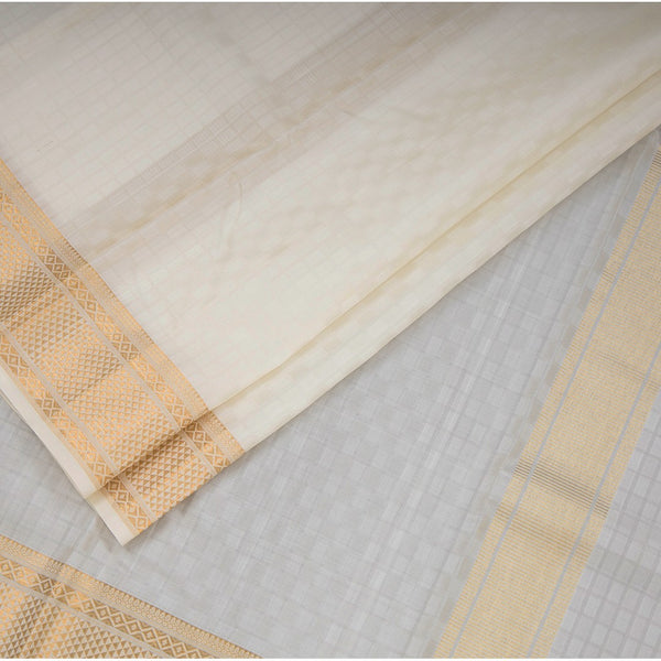 8 X 4 Cream Checked Silk Dhoti With Angavastram And Matching Shirt Material