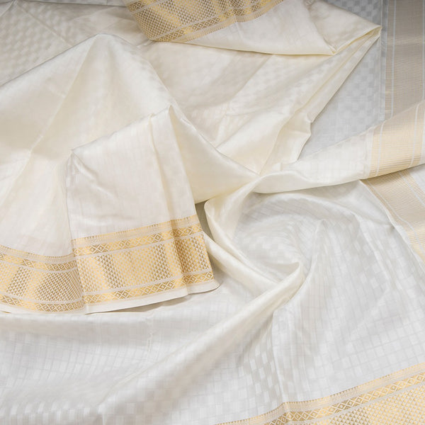 8 X 4 Cream Checked Silk Dhoti With Angavastram And Matching Shirt Material