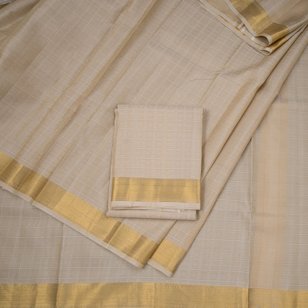 8 X 4 Cream Embossed Silk Dhoti With Angavastram And Matching Shirt Material