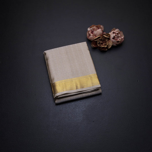 8 X 4 Cream Embossed Silk Dhoti With Angavastram And Matching Shirt Material