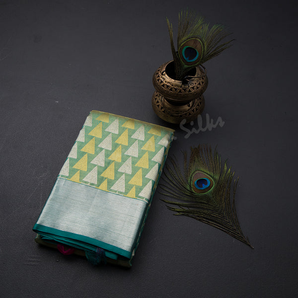 Green Tissue Silk Saree With Triangle Patterns In Gold And Silver Zari - Kumaran Silks