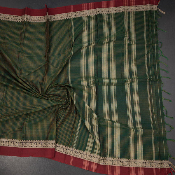 KSSRSSR42431-4-Dharwad-Cotton-Dark-Green-Checked-Saree-And-Thread-Border-crush