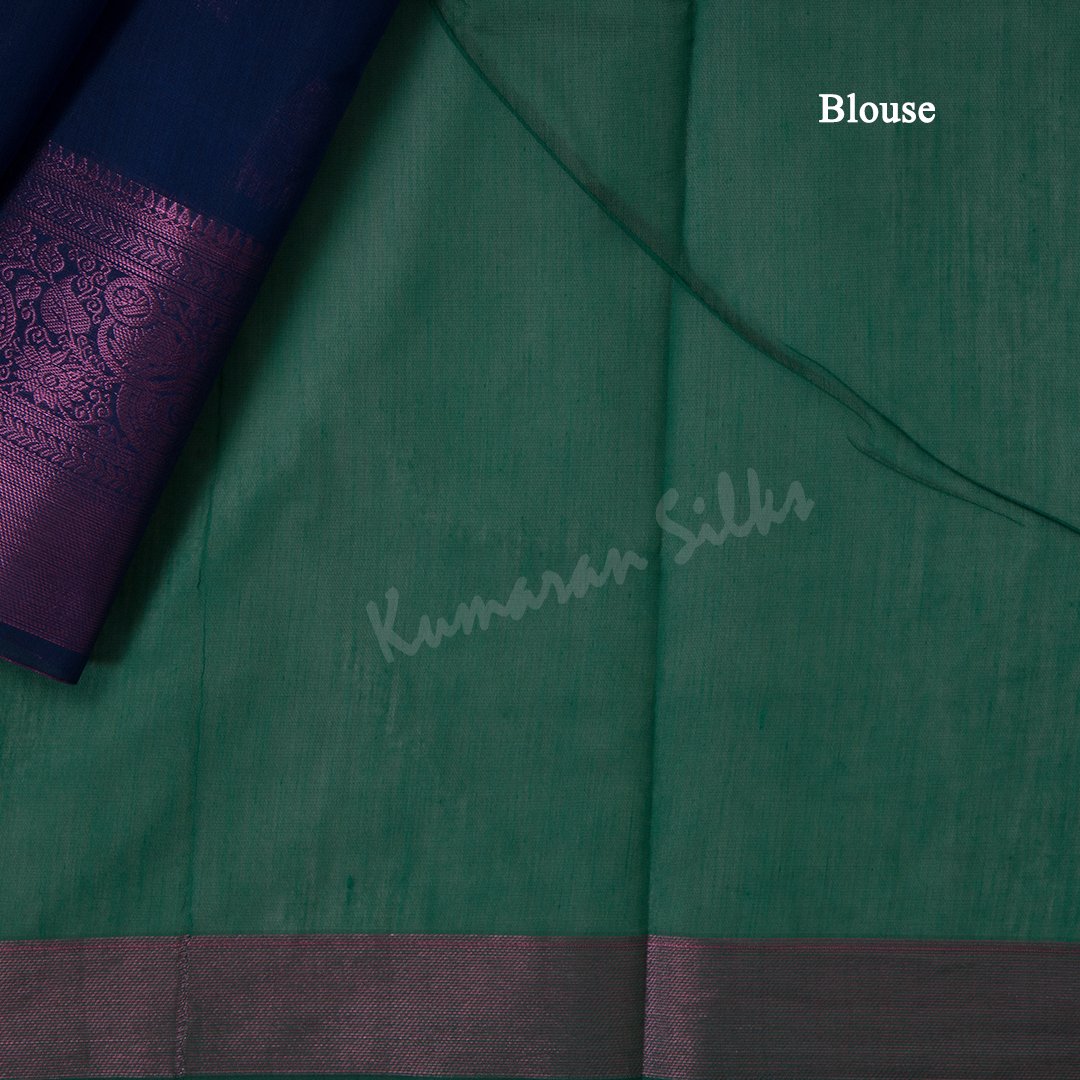 Silk Cotton Navy Blue Saree With Leaf Zari Buttas