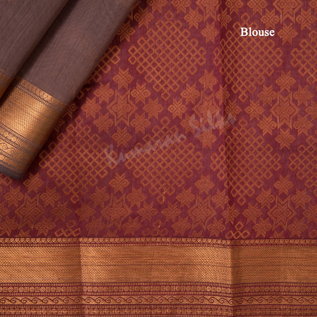 Silk Cotton Light Brown Saree With Floral Zari Buttas