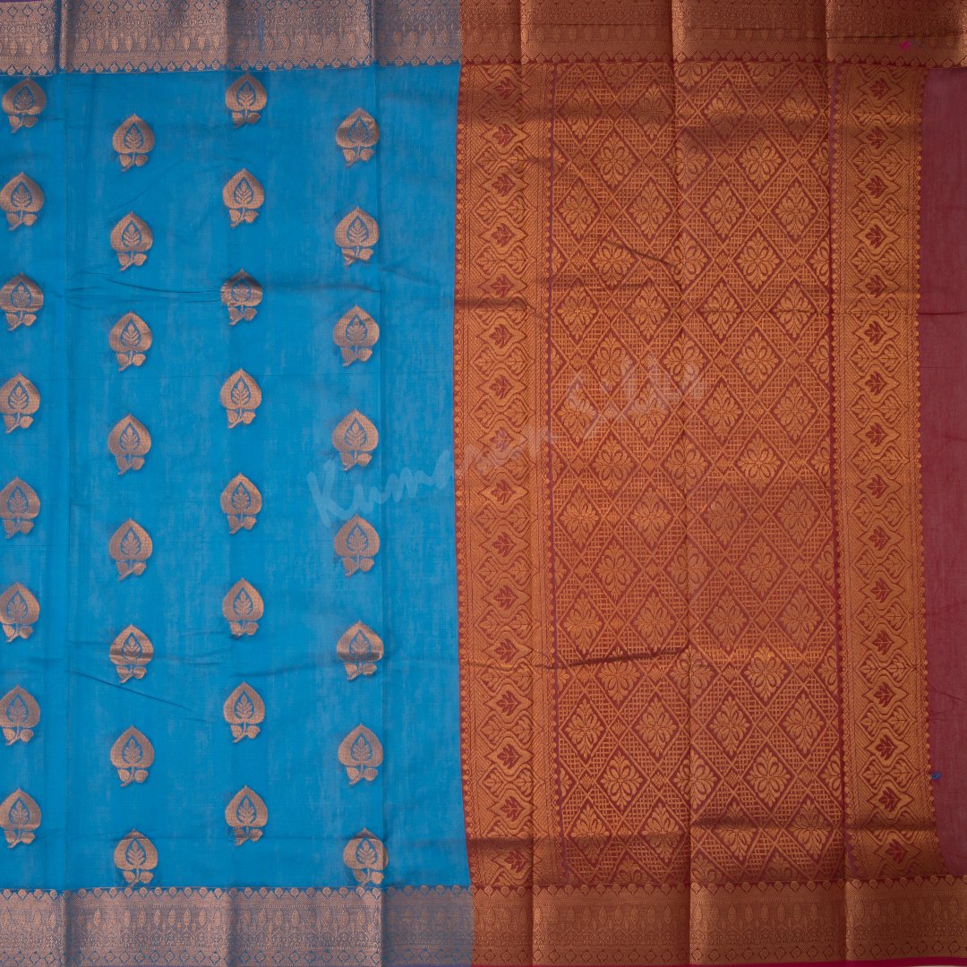 Silk Cotton Blue Saree With Leaf Zari Buttas