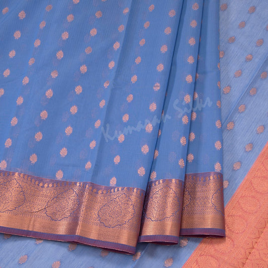 Silk Cotton Ink Blue Saree With Small Zari Buttas