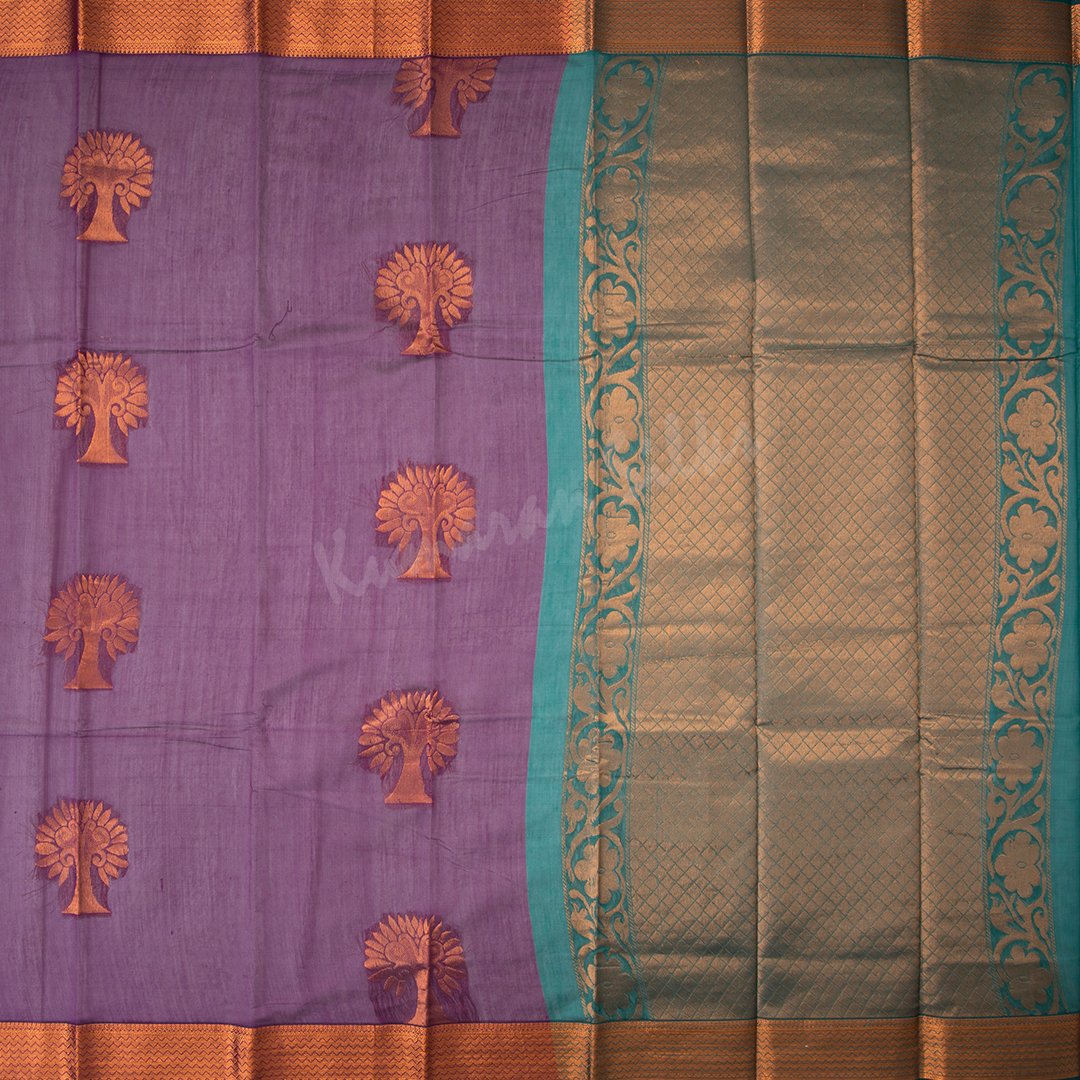 Silk Cotton Dark Violet Saree With Tree Design