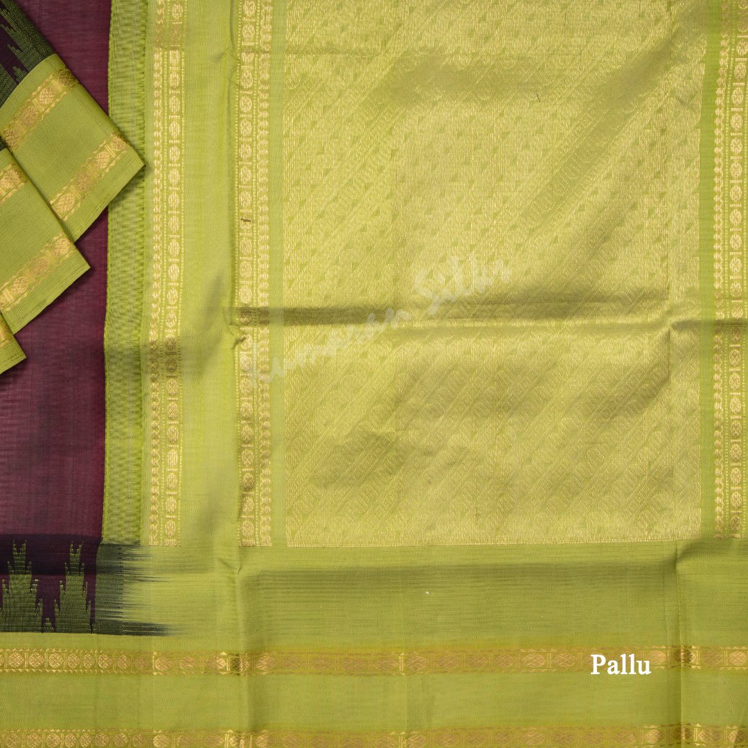 Kuppadam Silk Cotton Maroon Plain Saree With Temple Border
