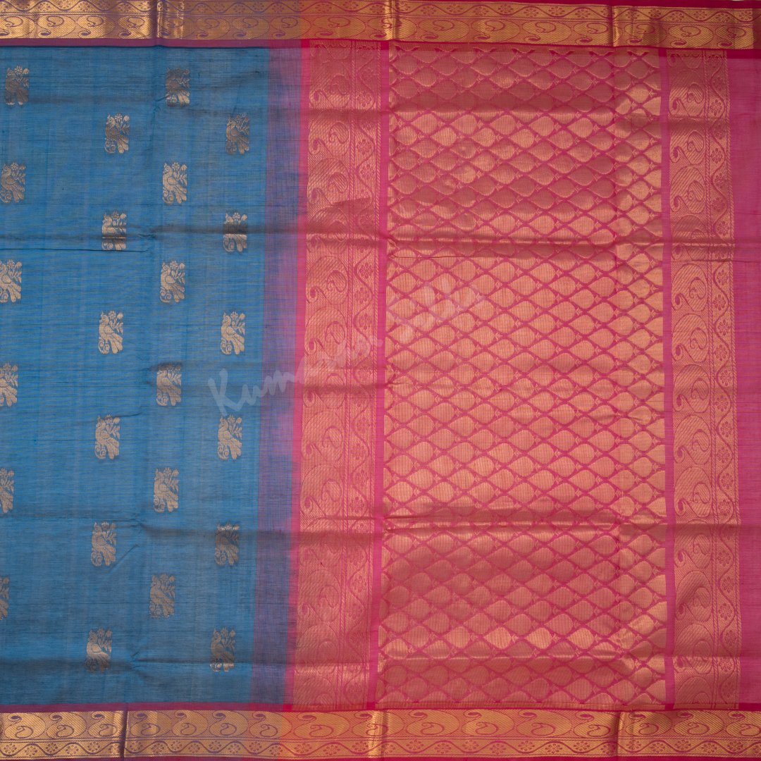 Amirthavarshini Silk Cotton Peacock Blue Saree With Peacock Design