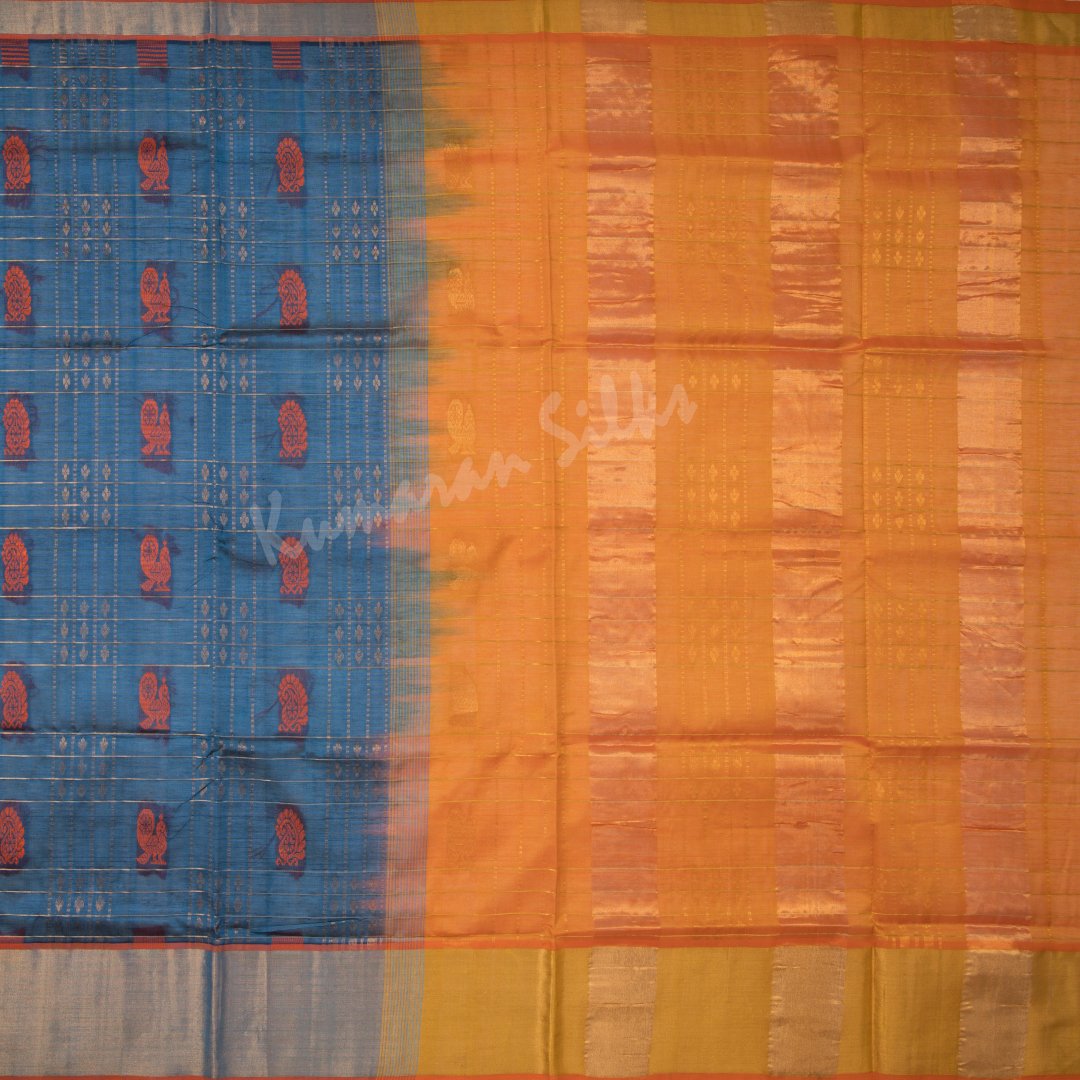 Amirthavarshini Silk Cotton Blue Saree With Checked Design