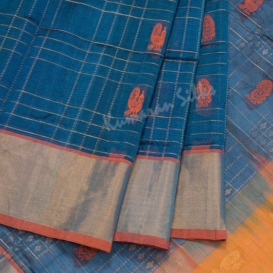 Amirthavarshini Silk Cotton Blue Saree With Checked Design