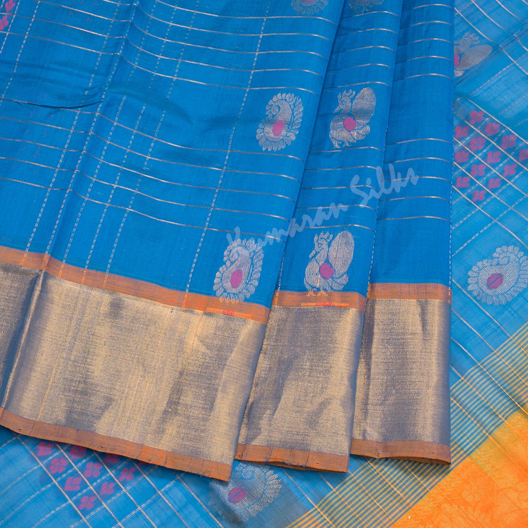 Amirthavarshini Silk Cotton Ananda Blue Saree With Checked Design