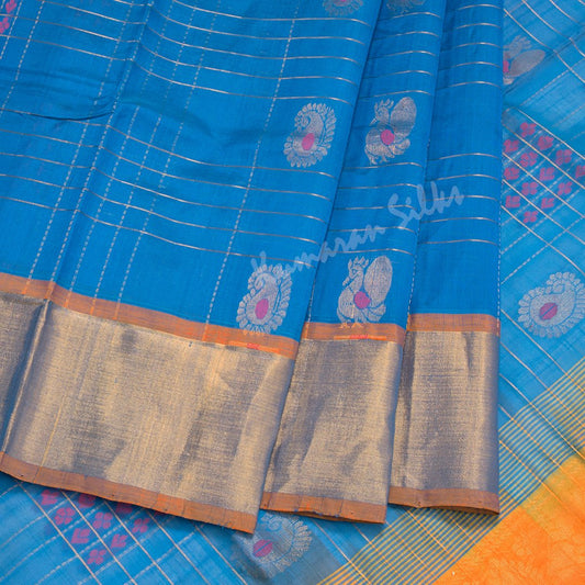 Amirthavarshini Silk Cotton Ananda Blue Saree With Checked Design