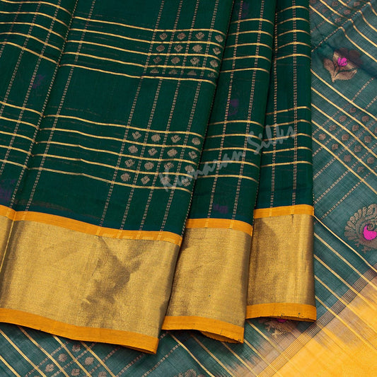 Amirthavarshini Silk Cotton Bottle green Saree With Checked Design