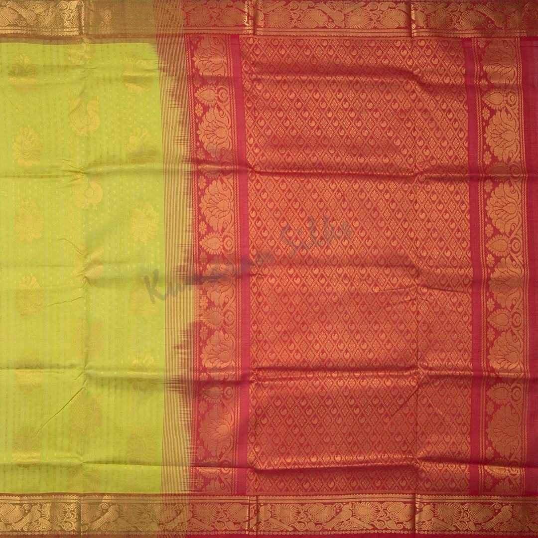 Amirthavarshini Silk Cotton Lime Green Zari Worked Saree