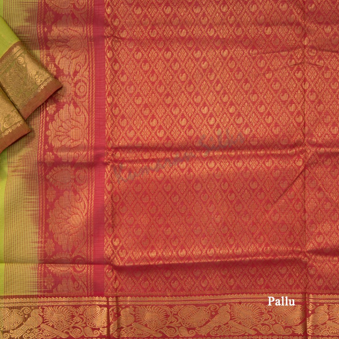 Amirthavarshini Silk Cotton Lime Green Zari Worked Saree