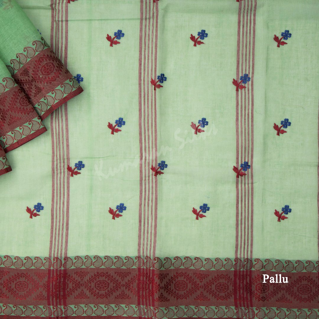 Bengali Cotton Embroidery Light Green Saree Without Blouse