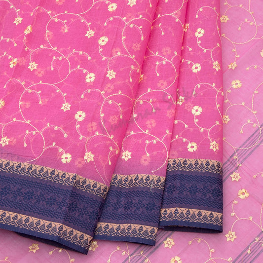 Bengali Cotton Embroidery Hot Pink Saree Without Blouse