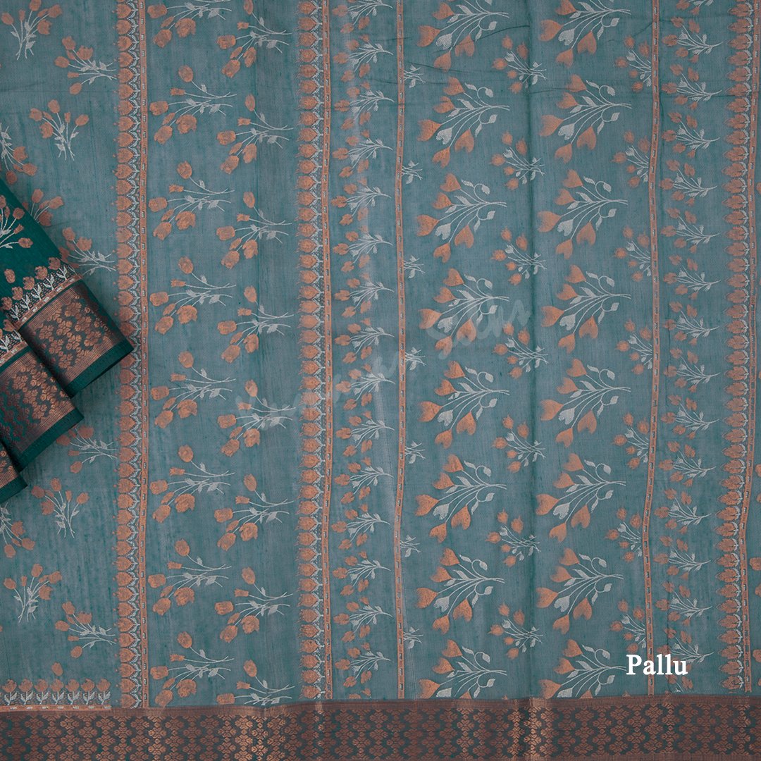 Chanderi Cotton Floral Printed Peacock Blue Saree