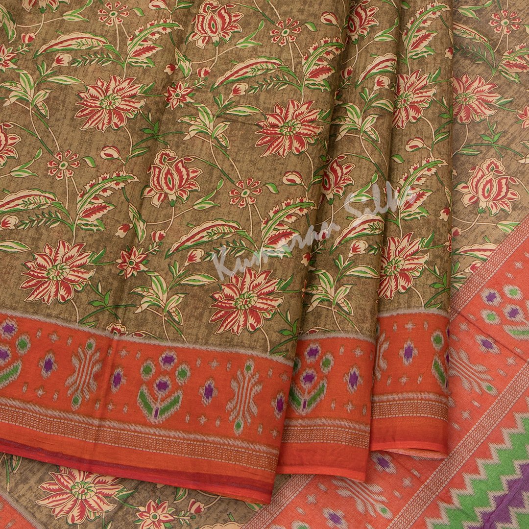 Chanderi Cotton Floral Printed Olive Green Saree