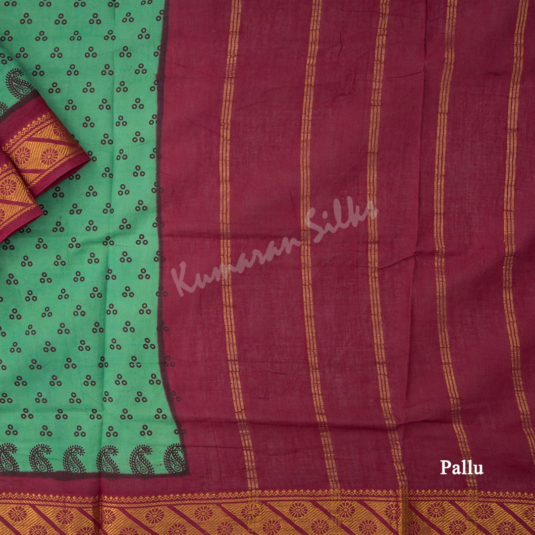 Sungudi Cotton Green Printed Saree Without Blouse 04