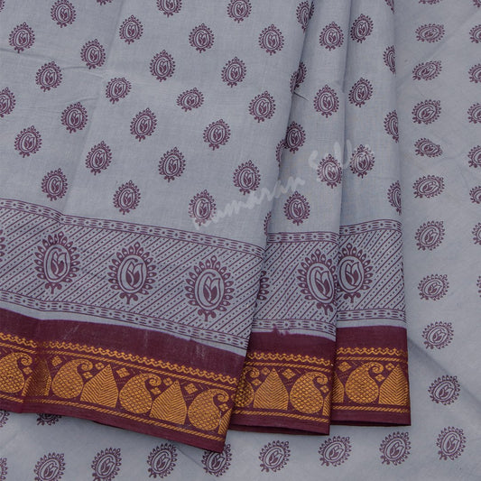 Sungudi Cotton Grey Printed Saree Without Blouse 03
