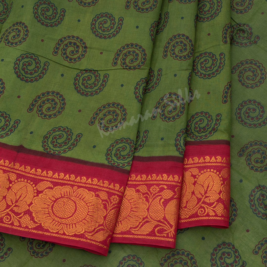 Sungudi Cotton Green Printed Saree Without Blouse 05