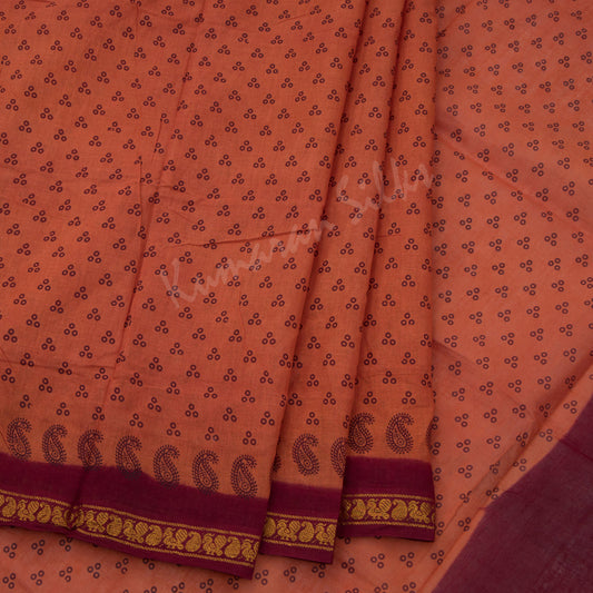 Sungudi Cotton Cinnamon Brown Printed Saree Without Blouse
