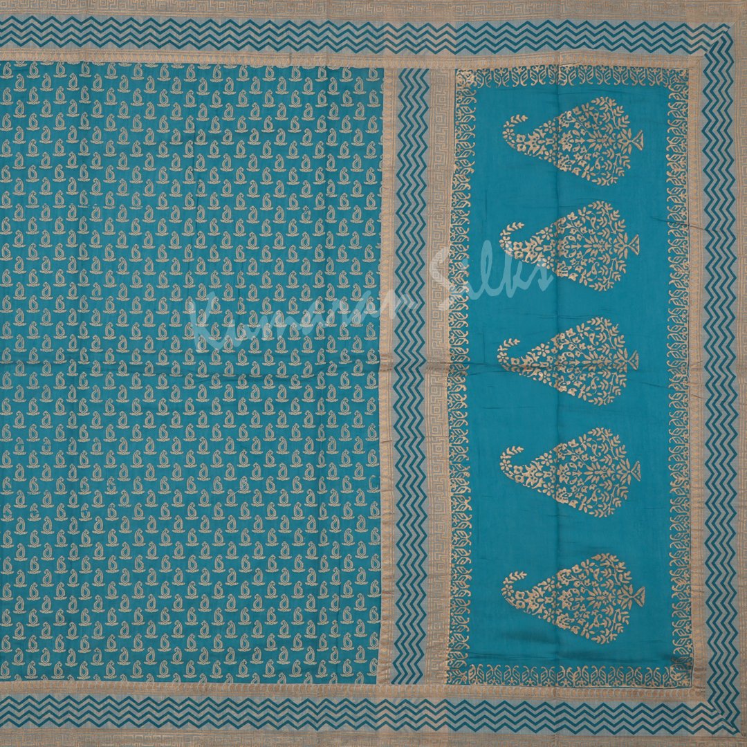 Chanderi Cotton Printed Teal Blue Saree 03