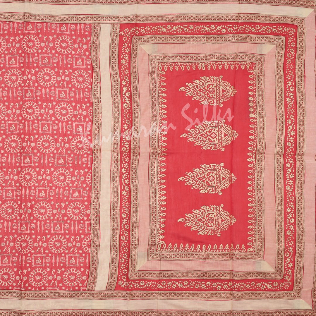 Chanderi Cotton Printed Red Saree 04