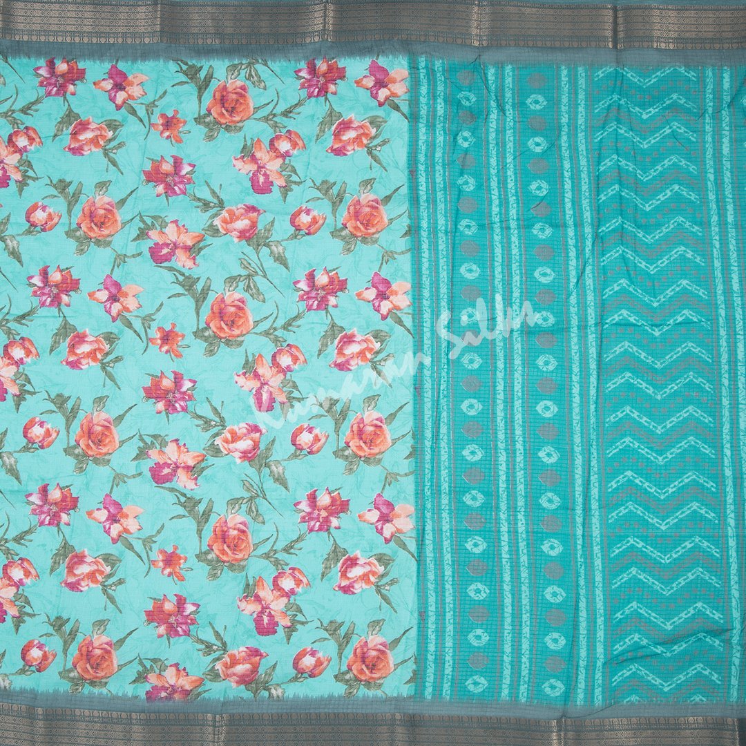 Kota Printed Turquoise Saree With Floral Motif