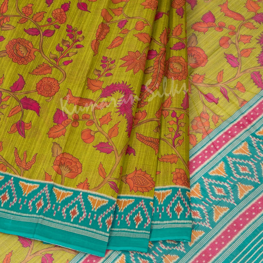Chanderi Cotton Olive Green Floral Printed Saree