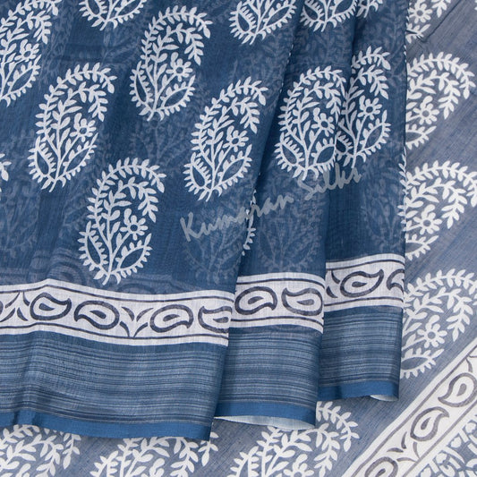 Semi Linen Navy Blue Printed Saree