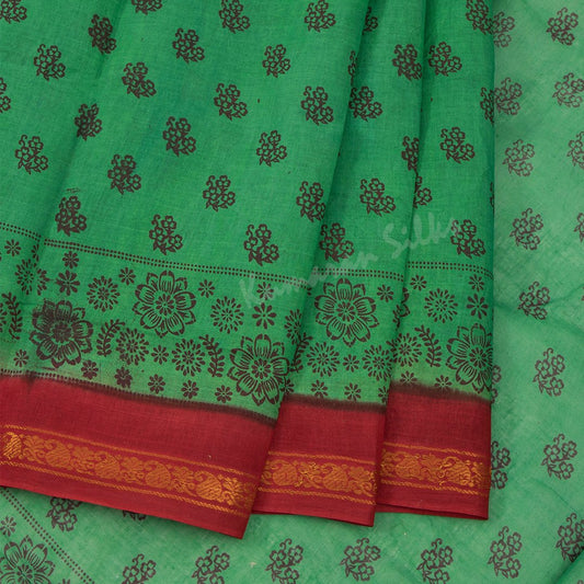 Sungudi Cotton Green Printed Saree Without Blouse 06