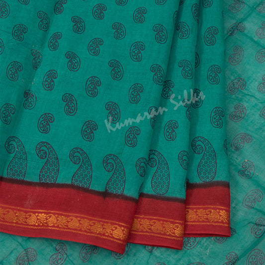 Sungudi Cotton Teal Green Printed Saree Without Blouse 05