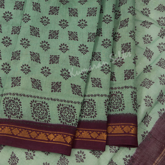 Sungudi Cotton Green Printed Saree Without Blouse 07