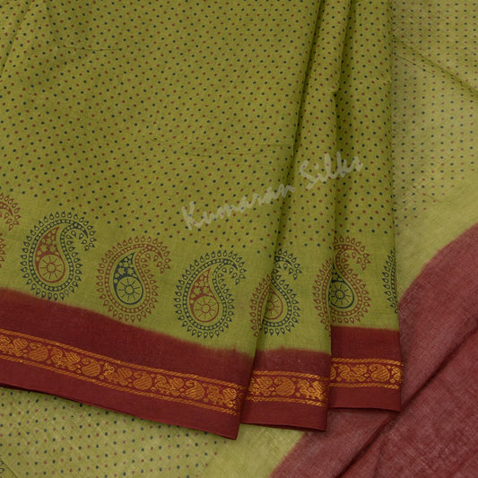 Sungudi Cotton Light Olive Green Printed Saree Without Blouse