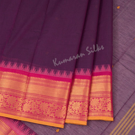 Chettinad Cotton Purple Saree With Small Buttas And Temple Border