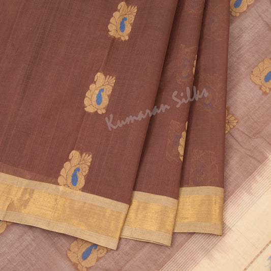 Kanchi Cotton Dark Brown Saree With Simple border