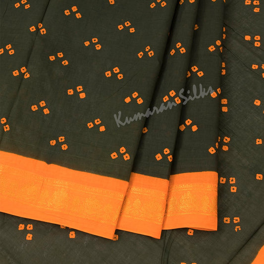 Sungudi Cotton Dark Olive Green Printed Saree Without Blouse