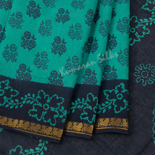 Sungudi Cotton Teal Green Printed Saree Without Blouse 07