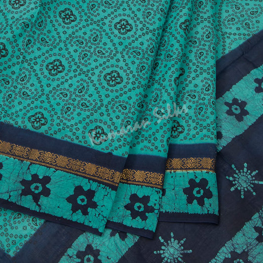 Sungudi Cotton Turquoise Printed Saree Without Blouse