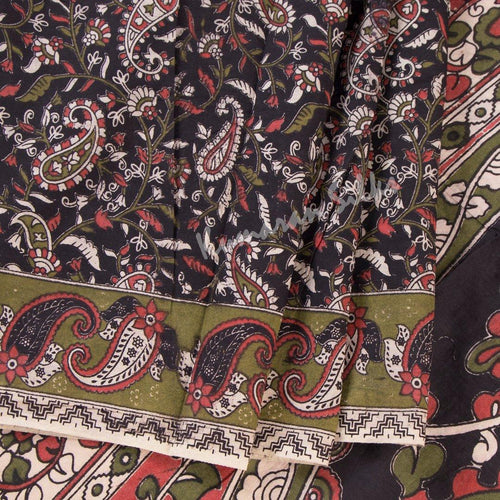 Kalamkari Cotton Black Printed Saree And Peacock Design On the Pallu