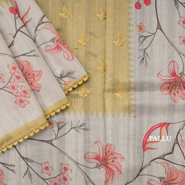 Semi Raw Silk Mustard Embroidered Saree 03