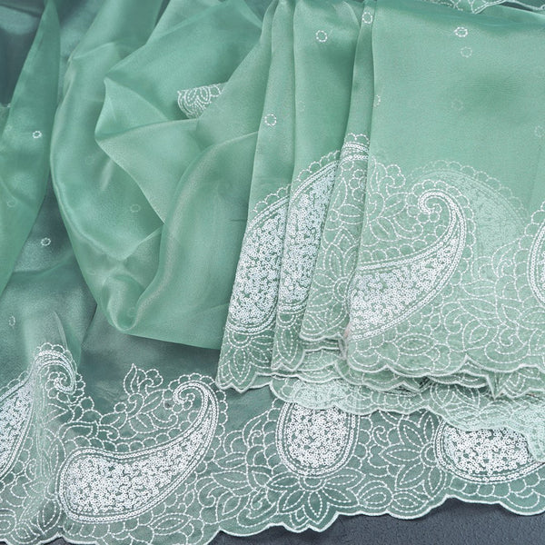 Organza Green Thread Embroidered Saree 02