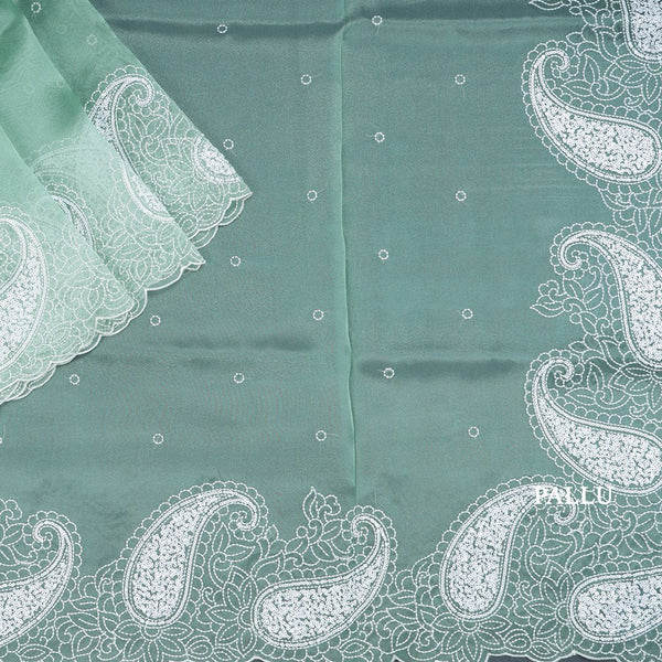 Organza Green Thread Embroidered Saree 02