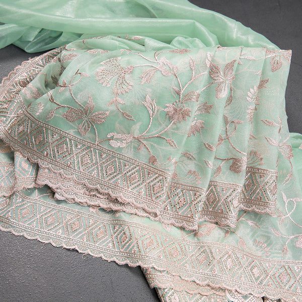 Organza Sea Green Embroidered Saree