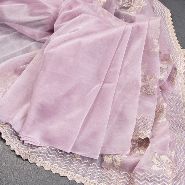 Organza Violet With Zari Embroidered Saree