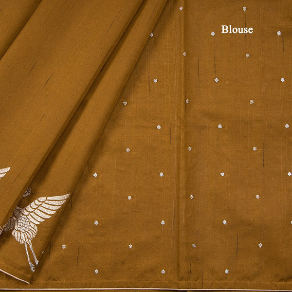 Semi Raw Silk Dark Mustard With Swan Birds On Border