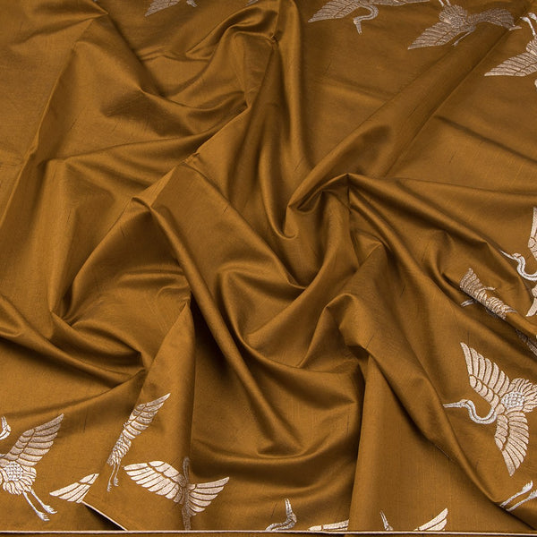 Semi Raw Silk Dark Mustard With Swan Birds On Border